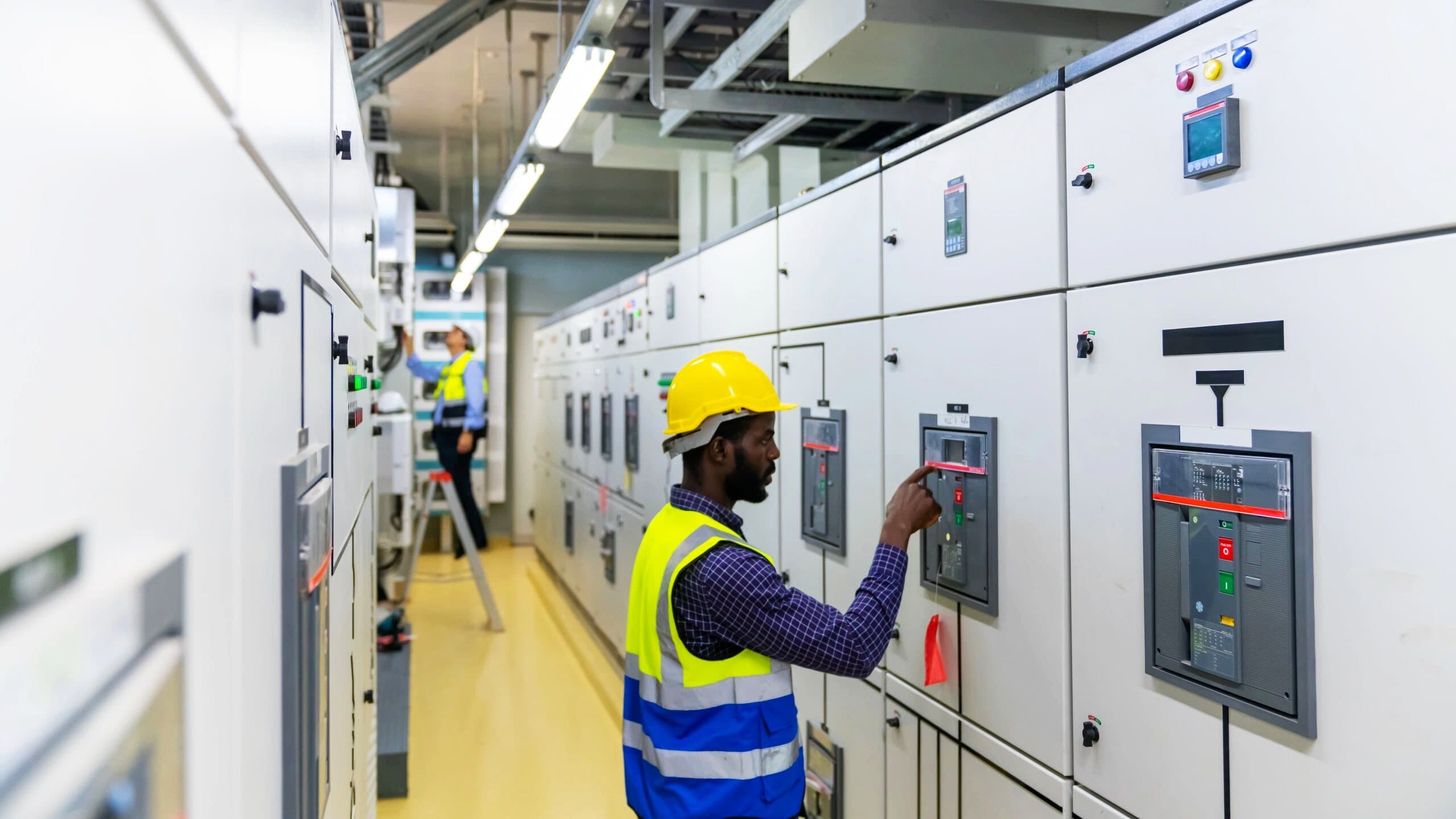 A commissioning engineer in a hard hat operating a breaker on a low voltage switchgear lineup